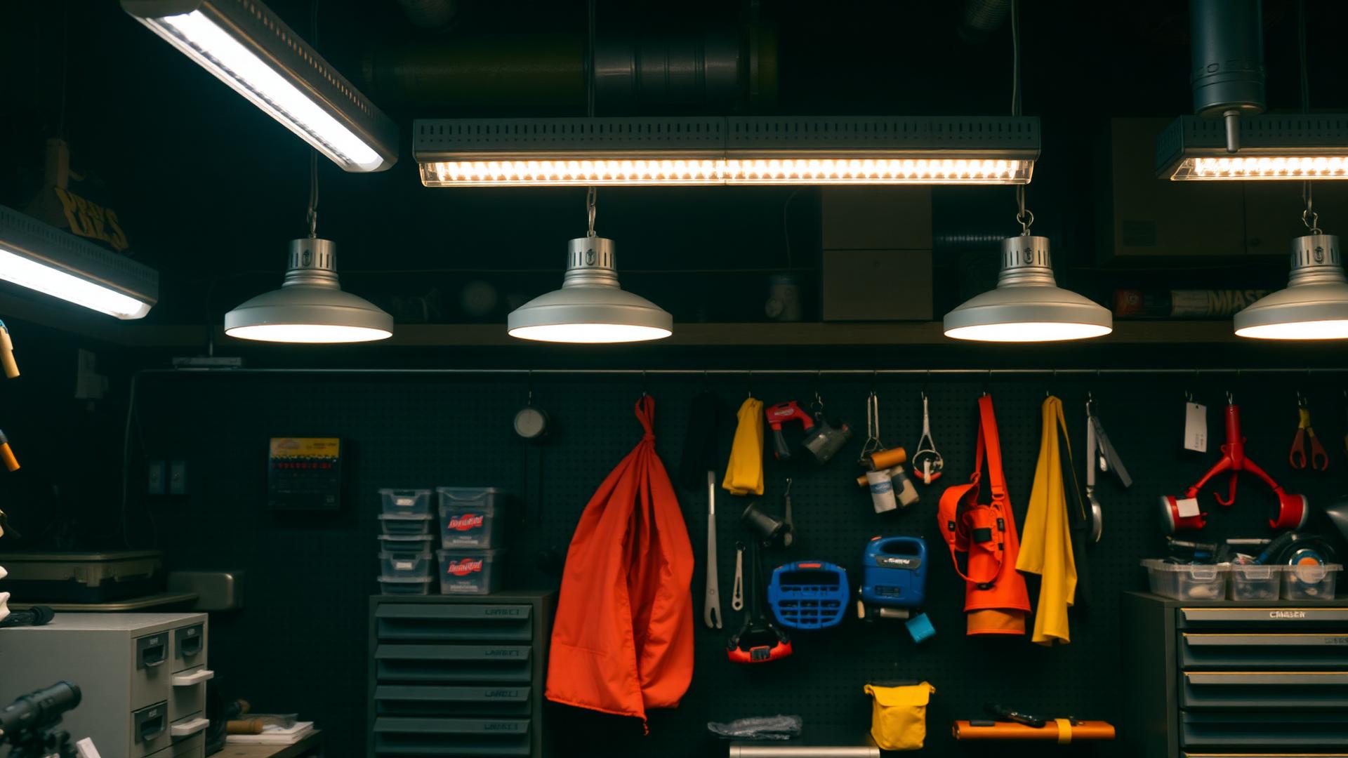 Organized workshop essentials under bright LED lighting