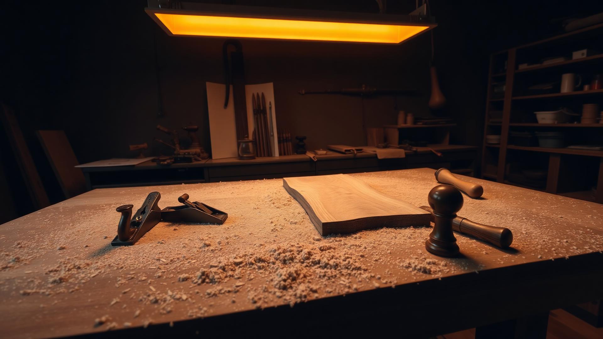 Woodworking bench with hand planes and sawdust